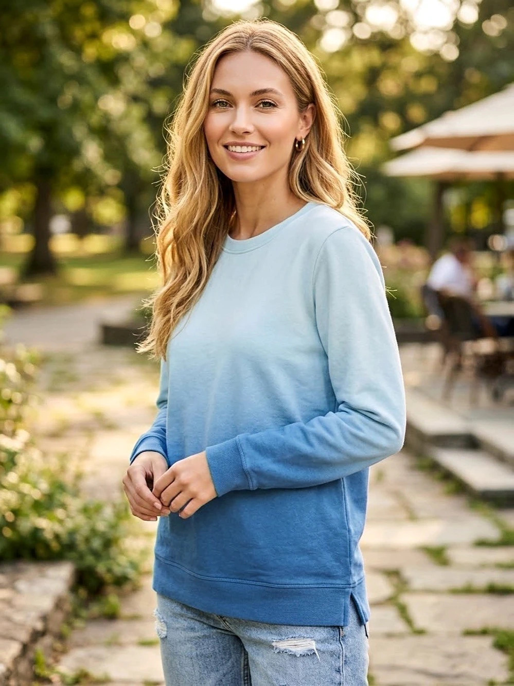 Lands' End Serious Sweats Ombre Crewneck Sweatshirt Blue XL